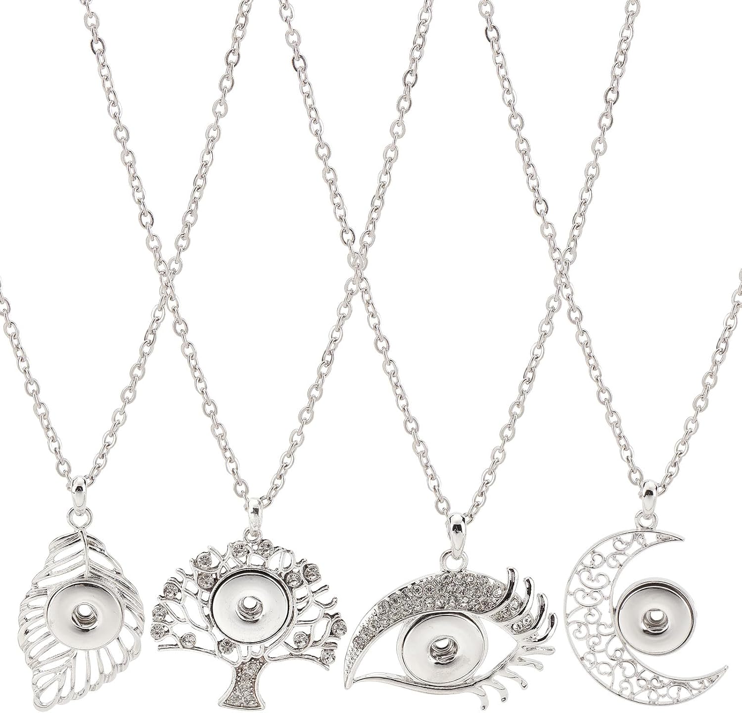 SUNNYCLUE 1 Box 8Pcs 4 Sets Snap Button Necklace Tree of Life Charms Rhinestone Eye Feather Charm Large Crescent Moon Snap Buttons Base Tray Stainless Steel Lanyard Necklace for Women Sweater Chain