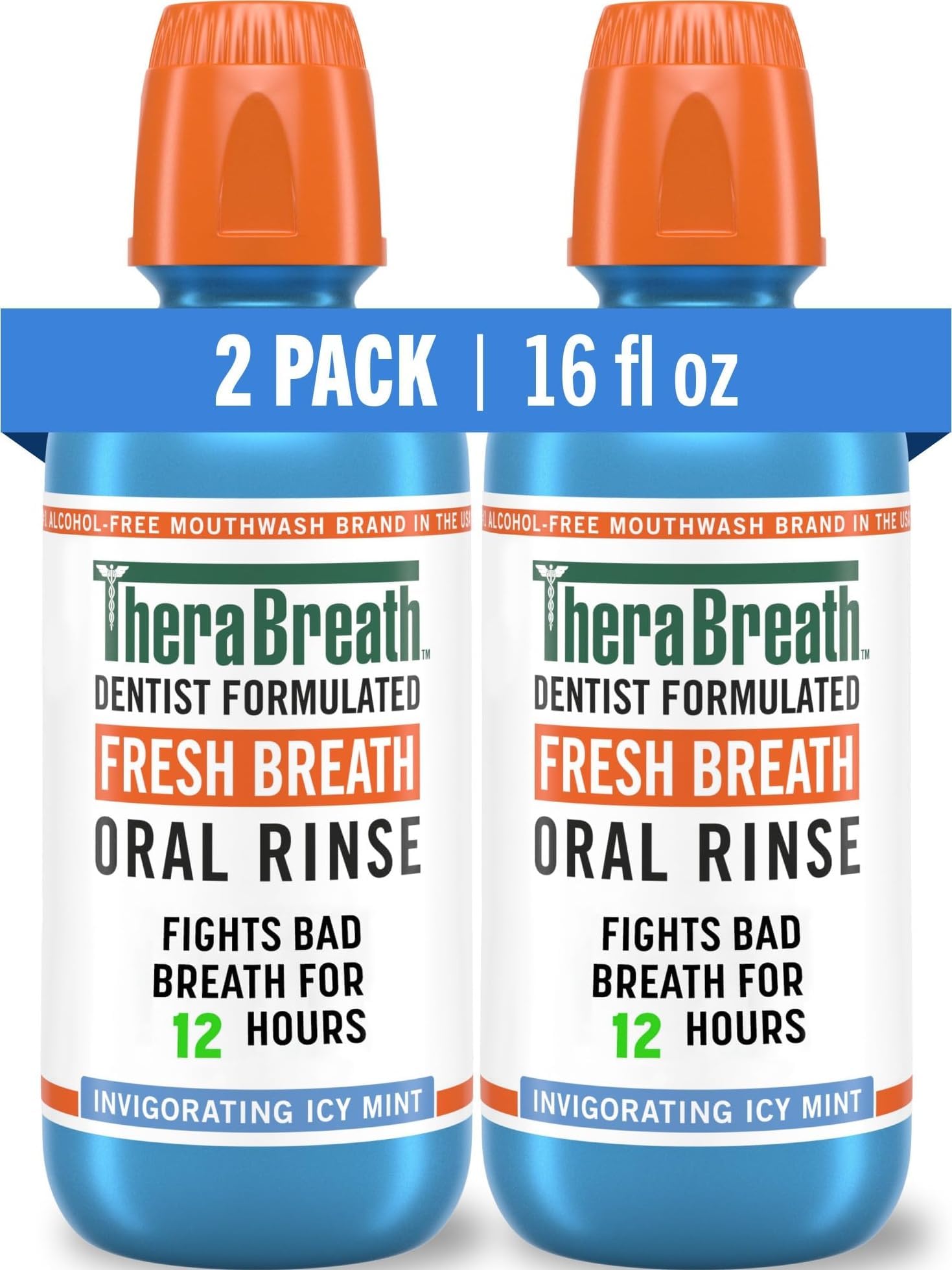 TheraBreath Fresh Breath Mouthwash, Icy Mint Flavor, Alcohol-Free, 16 Fl Oz (Pack of 2)