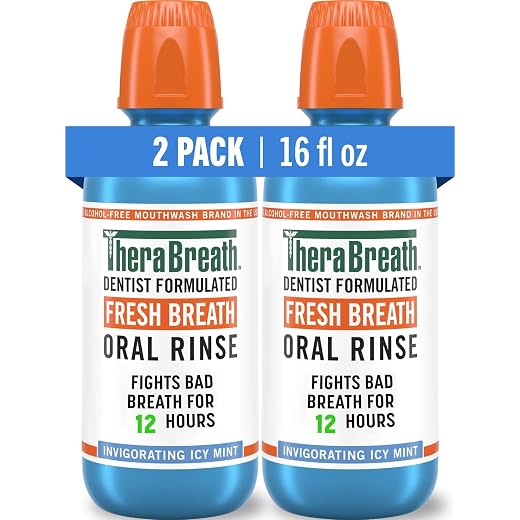 TheraBreath Fresh Breath Mouthwash, Icy Mint Flavor, Alcohol-Free, 16 Fl Oz (Pack of 2)