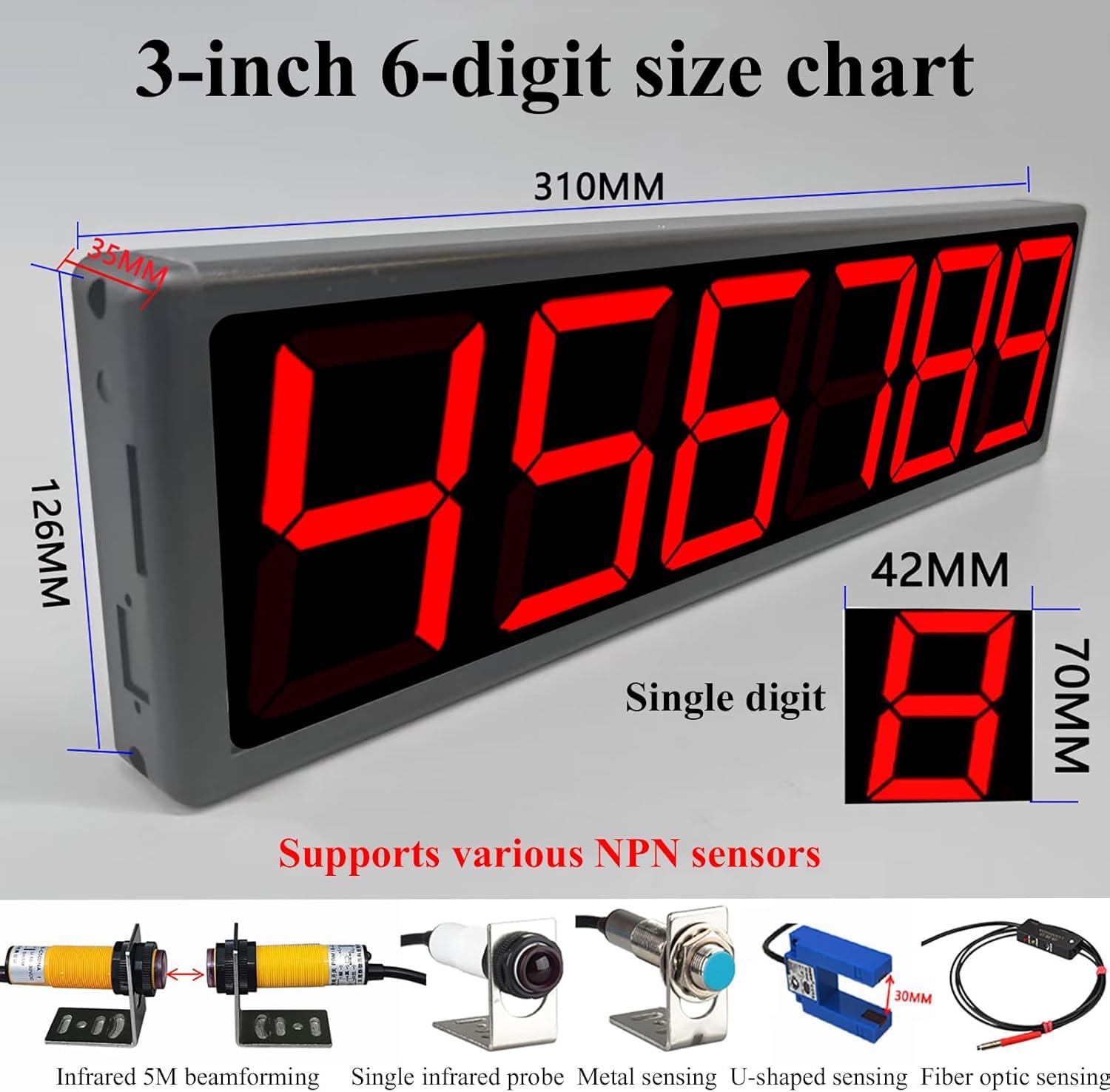 Contador digital con pantalla LED de 6 dígitos de 3 pulgadas, cuenta de sensores infrarrojos hasta 999999, distancia de detección de 30-70 cm, con control remoto, para colgar o montar en la pared
