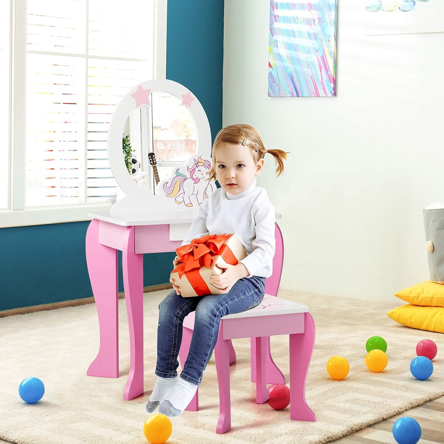 HONEY JOY Unicorn Kids Vanity, Toddler Makeup Table with Mirror and Stool, Wooden Pretend Play Vanity for Little Girls, Detachable Mirror and Storage Drawer, Kids Vanity Table and Chair Set (Pink)