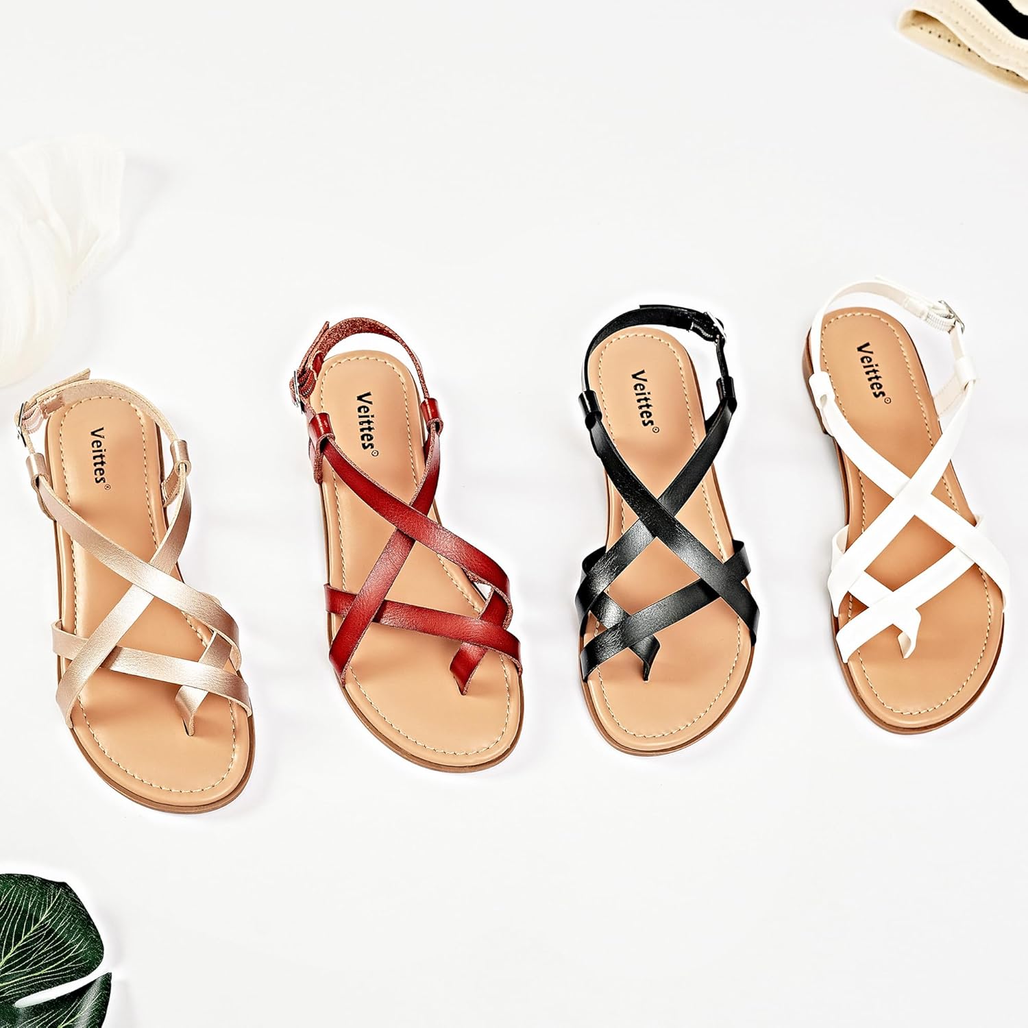 Veittes Women's Gladiator Flat Sandals, Criss Cross Ankle Strap Design, Non-slip Sole, Open Toe Summer Beach Toe Ring Thong Sandals - Image 6