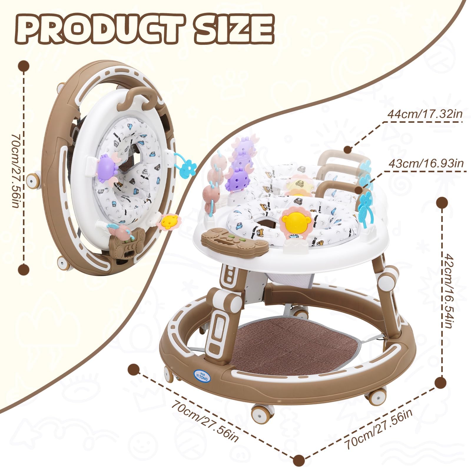Baby Lauflernhilfe 5in1 mit Musikspielzeug, Fußstütze, 360-Grad-Stummschaltung, 6 Räder, 360° Rotating Seat Baby Lauflernhilfen, zur Faltbar, für Babys ab 6 Monaten Geeignet,Braun