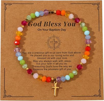 First Communion Bracelet for Her, God Bless You Cross Beaded Bracelets, Catholic Baptism Confirmation Bracelet Gifts, 1st Communion Veil Dress Jewelry Accessories for Daughter