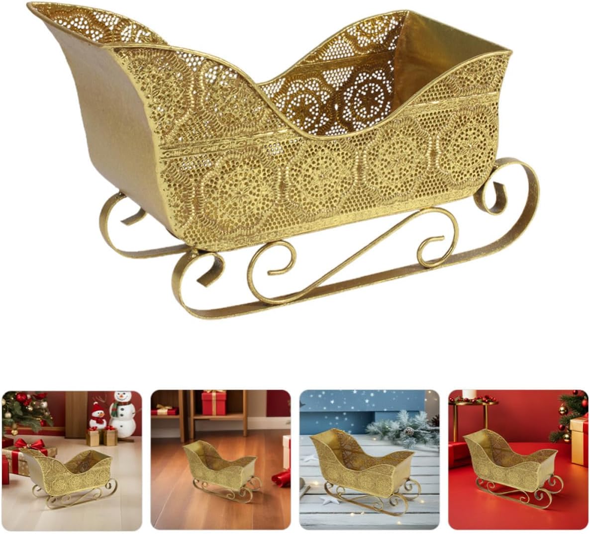 LIFKOME Christmas Sleigh Decoration for Tables with Sturdy Iron Construction and Rustic Vintage Style, Golden Metal Sleigh Snack Holder for Christmas Parties and Holiday Season Decor