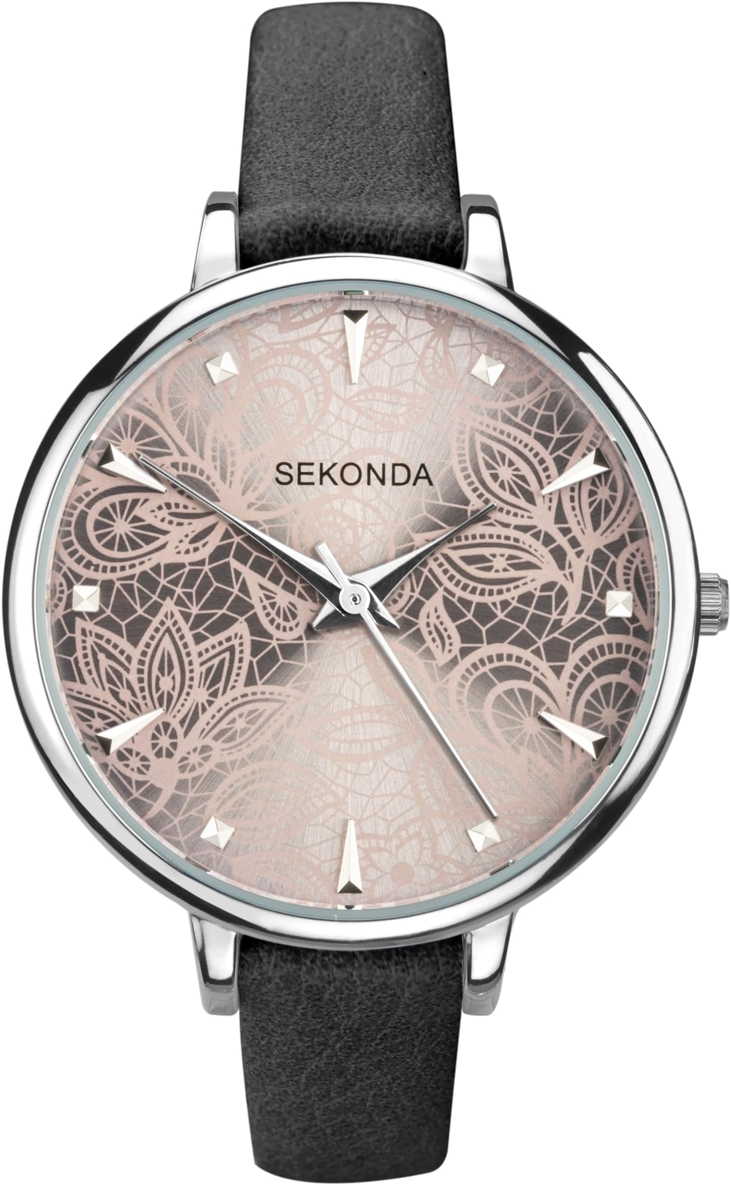 Editions 37mm Ladies Silver Case Watch Grey Lace Patterned Dial Three Hand Analogue Quartz with PU strap
