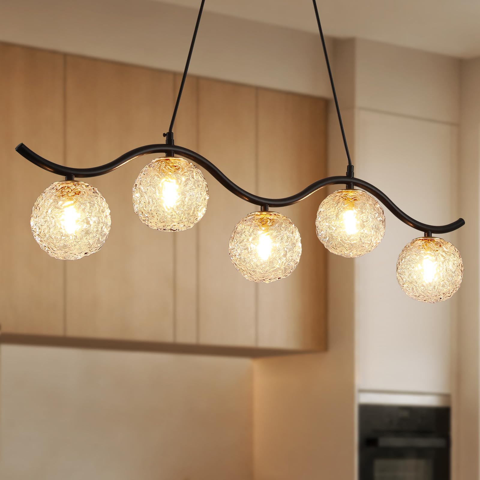Black 5-Lights Dining Room Chandeliers,Modern Linear Globe Chandelier Over Table Mid Century Linear Chandelier Adjustable Height Clear Glass Globe Pendant Light for Farmhouse Kitchen Island