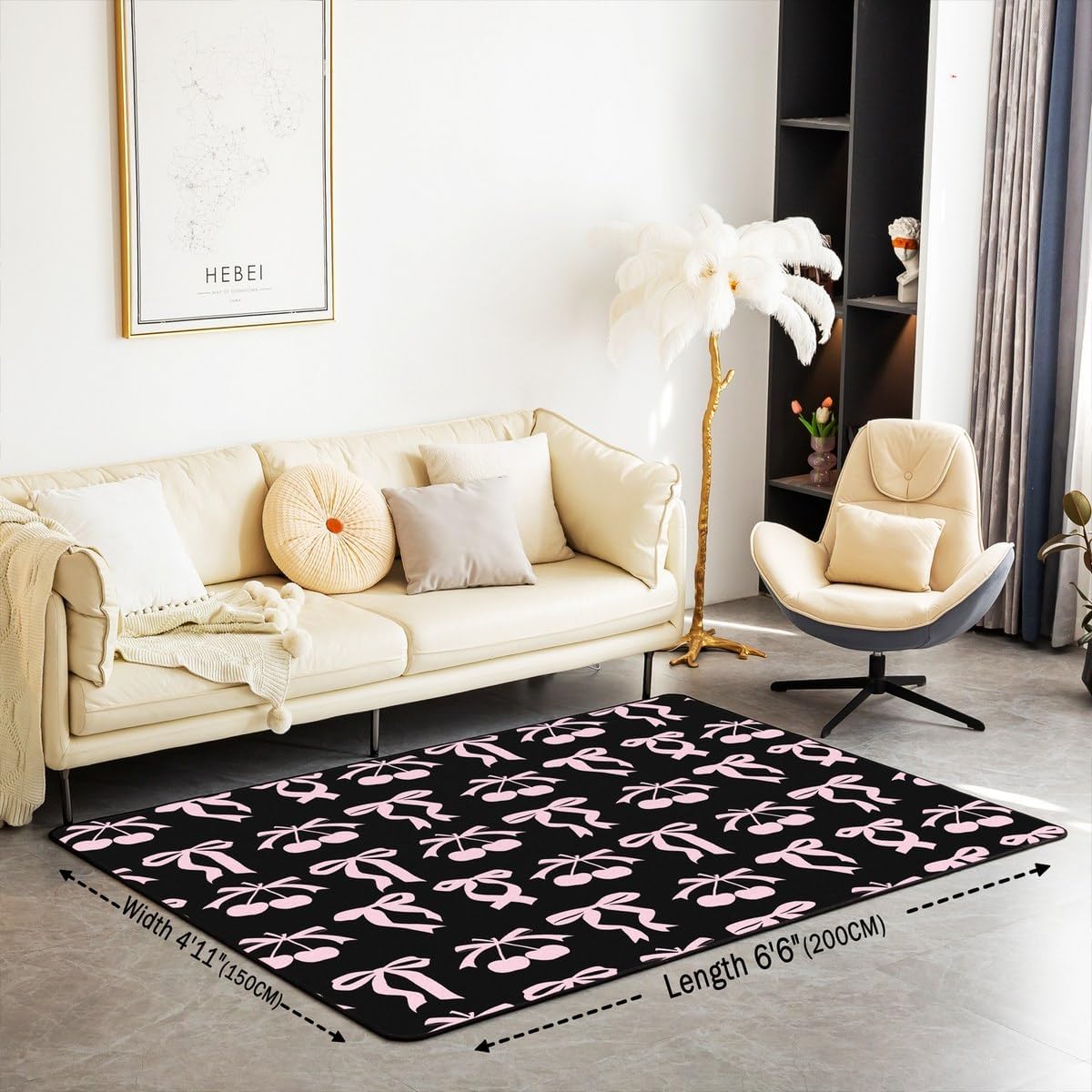 Erosebridal Cute Girls Bowknot Area Rug Black Princess Bow Carpet 6'6" x 4'11" Fantasy Cherry Bow Knot Indoor Floor Mat for Kids Boys Teens Modern Elegant Aesthetic Decorative Rug image 2