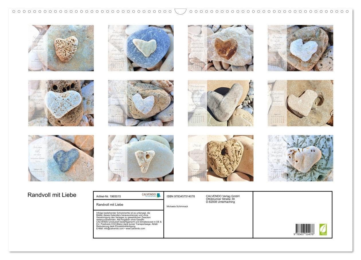 Randvoll mit Liebe (Wandkalender 2026 DIN A2 quer), CALVENDO Monatskalender: Steine in der Form von Herzen untermalt mit Zitaten über die Liebe (CALVENDO Kunst)