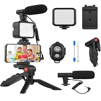 Smartphone Video Kit, Mini LED Video Light, Cardioid Microphone, Phone Clip, Tripod Included