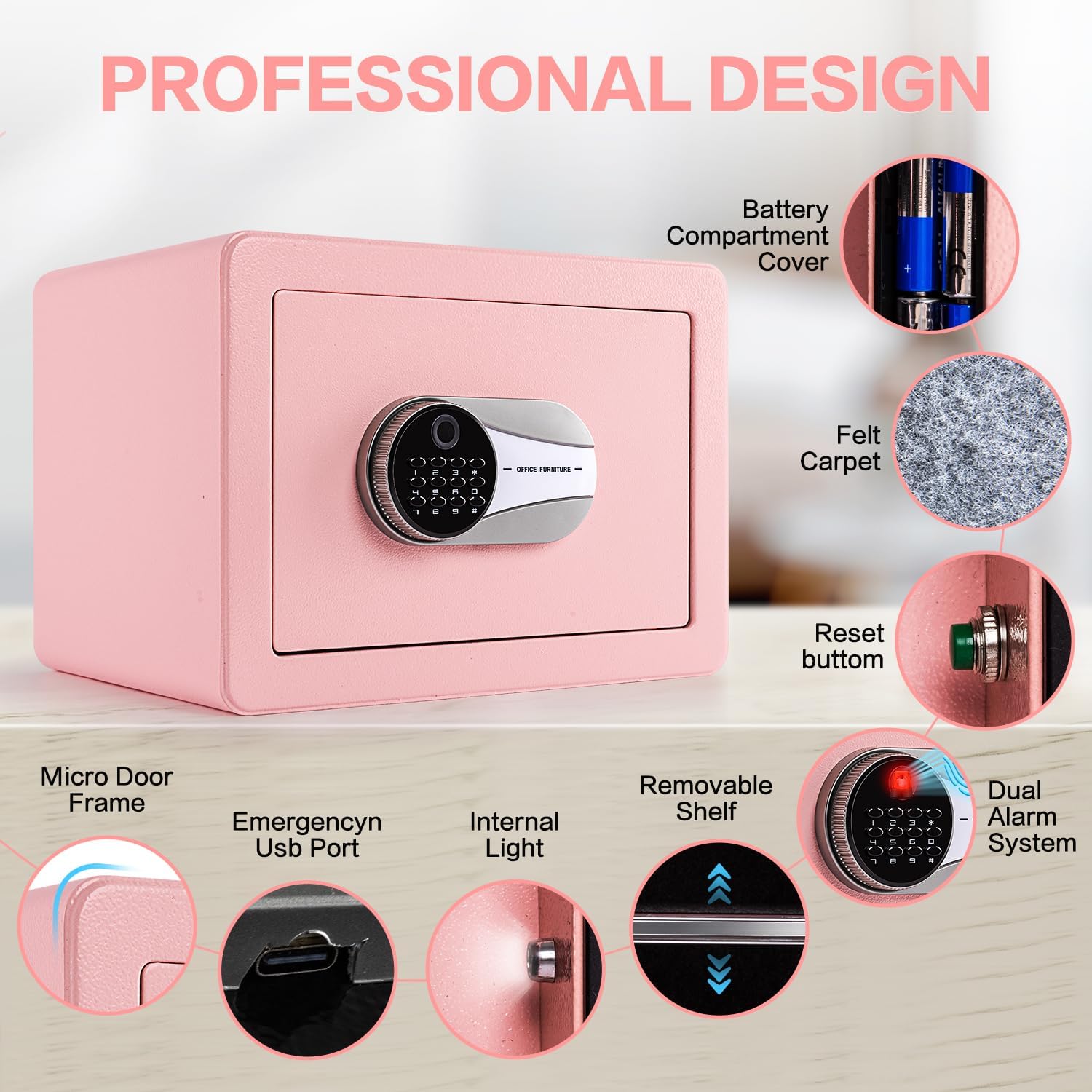 0.6 Cubic Feet Biometric Safe, Fingerprint Safe W/Fireproof Bag, Removable Shelf, Alarm System, Digital Electronic Money Box for Cash, Document, Home, Hotel Use,Pink, 9.84"D x 13.78"W x 9.84"H