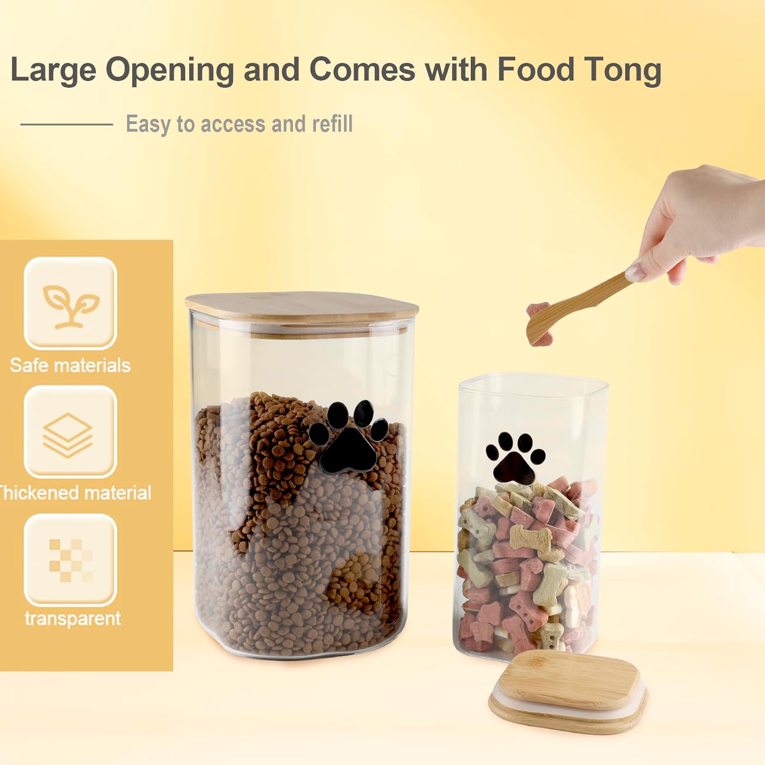 Large Square Dog Treat Jars set of 2,135oz+68oz Glass Dog Cat Food Container with Bamboo Lids,Cat Treat Container,Dog Cookie Jar-Hold total 5~6 lbs of Pet Food-Airtight and Keep Fresh