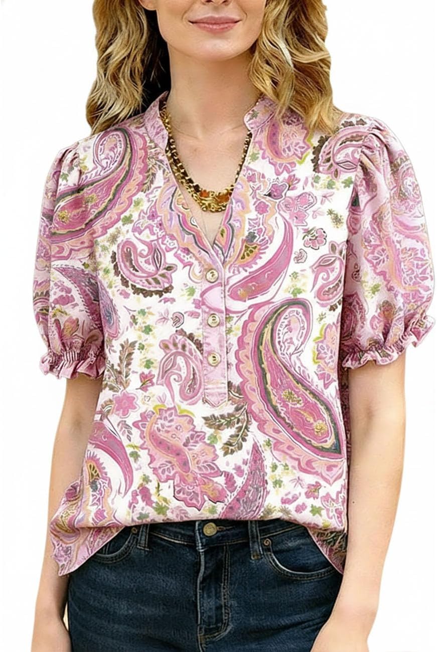 Women Vintage Floral Print V-Neck Top Half Button Puff Short Sleeve Blouse Casual Summer Shirt