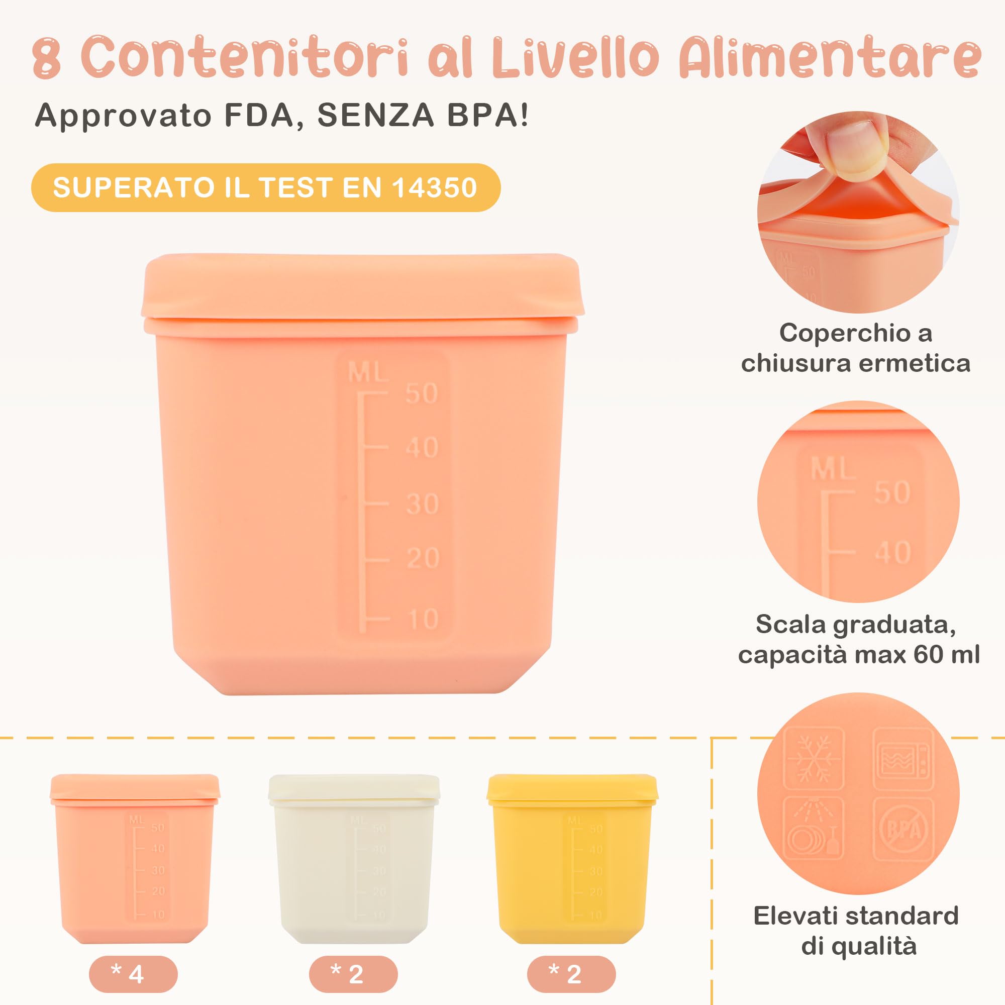 Contenitori da Svezzamento Neonati in Silicone 60ML 8 Pezzi con Coperchi Ermetici Antiperdite Freezer