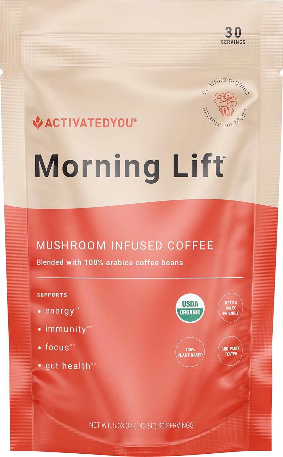 ActivatedYou Morning Lift Mushroom Infused Coffee - Certified Organic, Plant Based Mushroom Coffee Instant Blend Made with Lion's Mane & Cordyceps to Support Digestion, Energy & Focus (1 Pack)