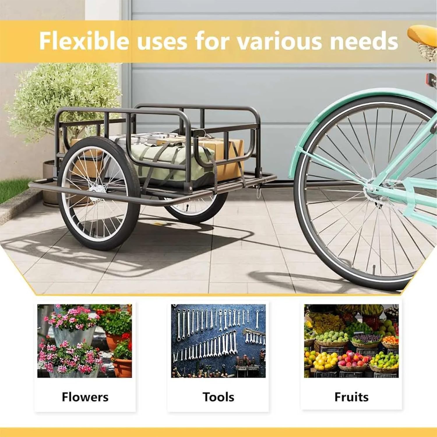 Bike Cargo Trailer 120 LBS Weight Capacity, Foldable Bicycle Trailer Cargo for Shopping, Traveling and Carrying Stuff