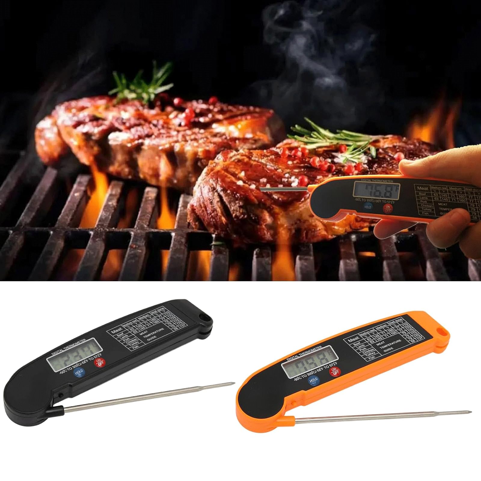 KRILLIQ Paquete de 2 termómetros precisos para Alimentos, termómetro Digital de Lectura instantánea para Barbacoa, termómetro multifunción para Carne para cocinar y Asar