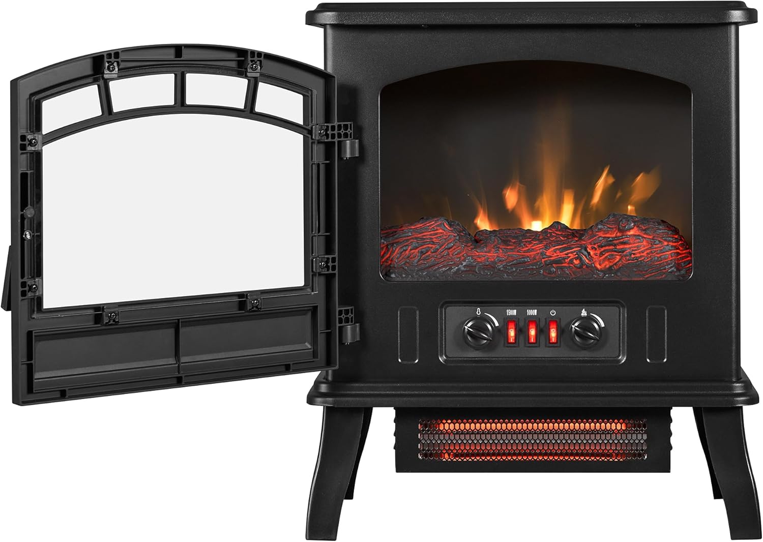 Close-up of the control panel behind the open door of the fireplace heater