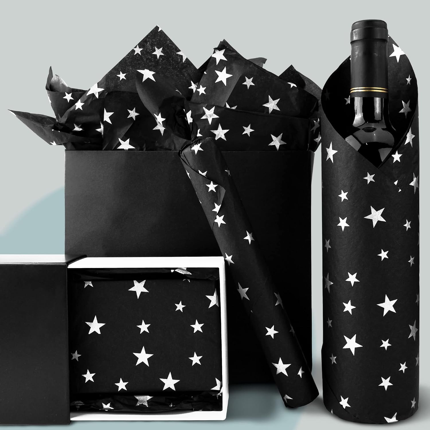Hi Sasara 100 Sheets Black with Silver Star Tissue Paper,Black Silver Tissue Paper for Gift Bags,Silver Gift Wrapping Tissue for Halloween Christmas,Wedding,Birthday,14 x 20 Inch