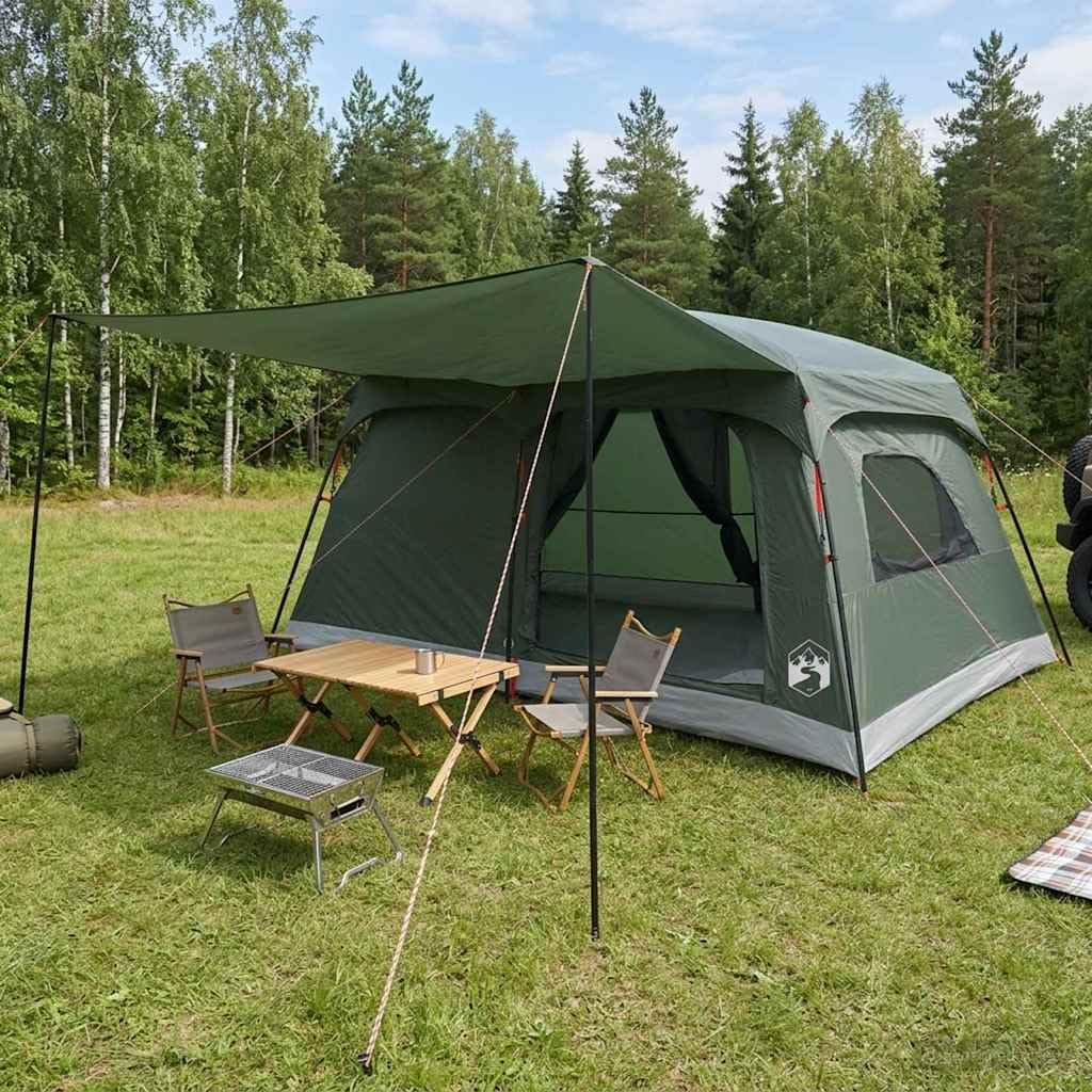 Namiot rodzinny, oliwkowo-zielony, 420 x 305 x 200 cm, poliester i stal, w zestawie dach płócienny, składany, na plażę, kemping, dla rodziny z dużą ilością miejsca i ochroną