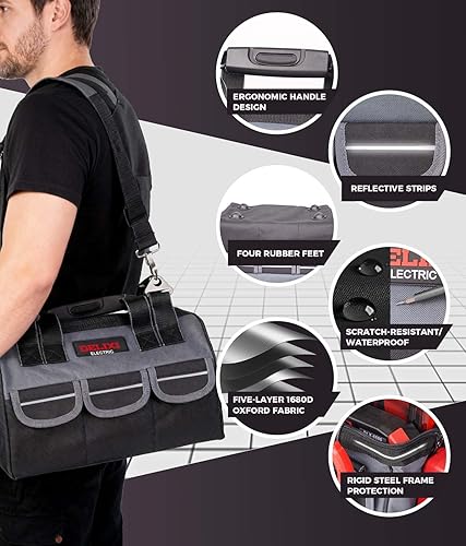 Vista 4 de DELIXI Bolsa de herramientas de 13 pulgadas + 3 bolsas de herramientas con cremallera (18 bolsillos), caja de herramientas de tela Oxford 1680D