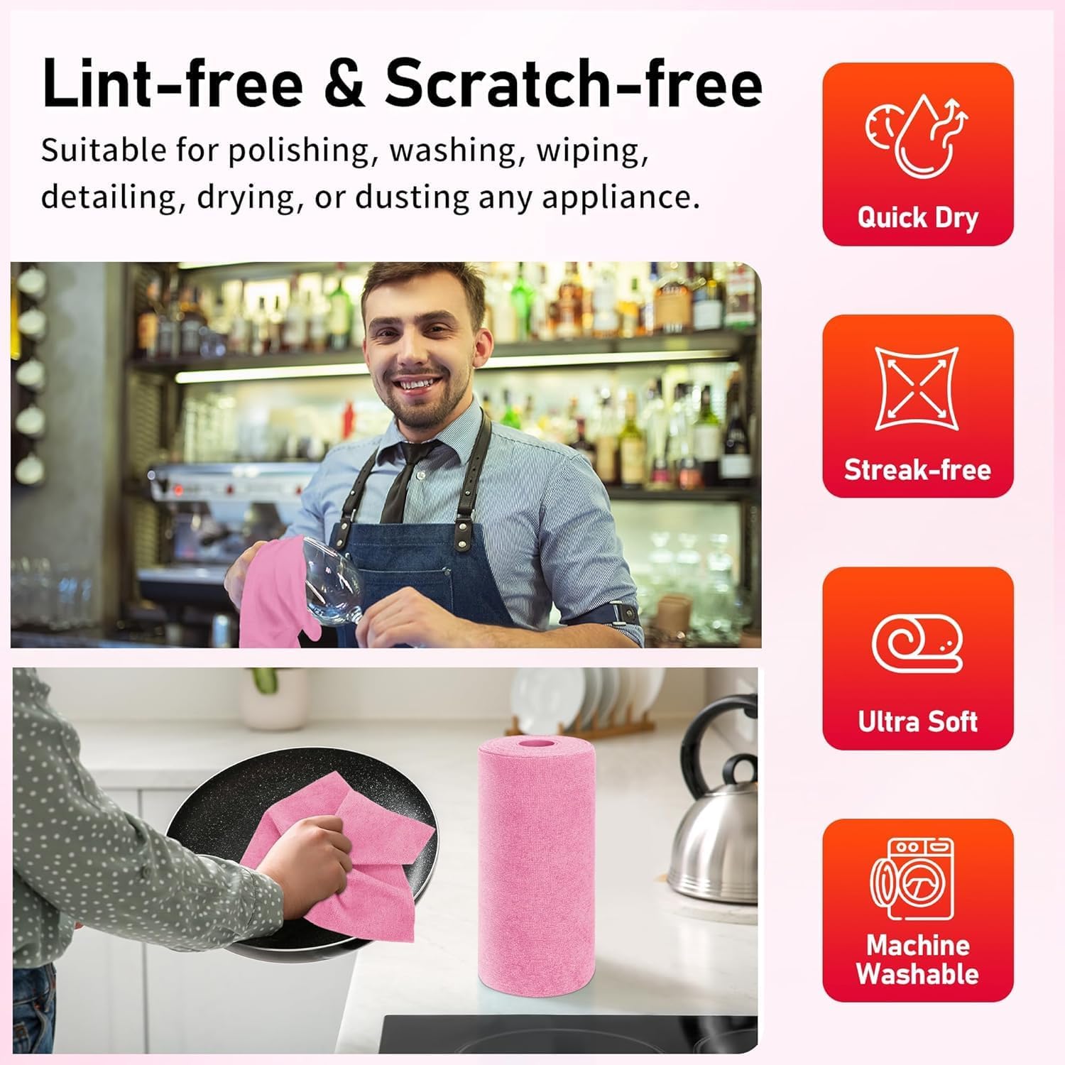 HOMERHYME Microfiber Cleaning Cloth, 150 Sheets Tear Away Shop Towels, Reusable Washable Microfiber Towels for Cars, Lint Free Cleaning Rags for Home, Automotive, Workshop & Garage 11.5"x11.5" Pink