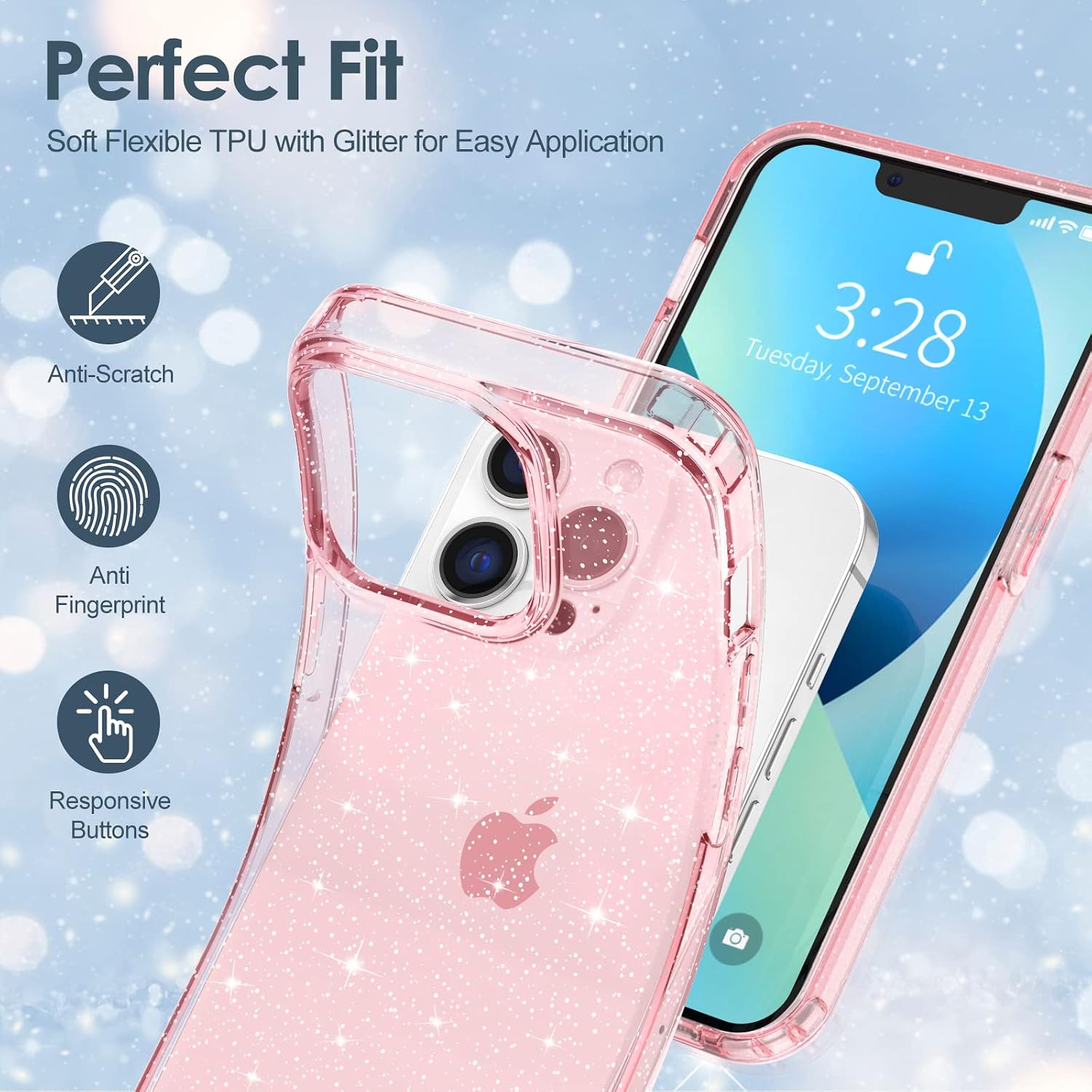 Hython Case for iPhone 13 Pro Case Glitter, Cute Sparkly Clear Glitter Shiny Bling Sparkle Cover, Anti-Scratch Soft TPU Thin Slim Fit Shockproof Protective Phone Cases for Women Girls, Pink Glitter