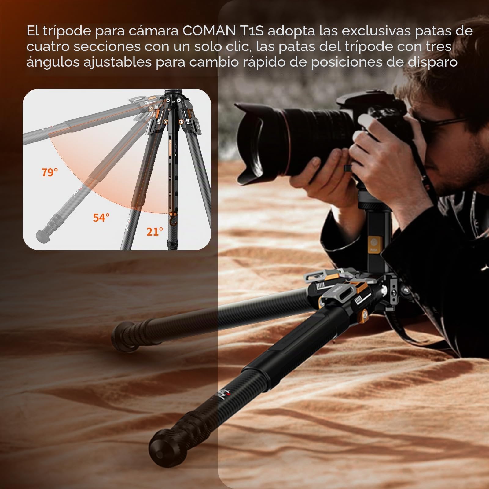 COMAN Trípode de fibra de carbono con apertura completa y un solo clic, trípode profesional para video, rótula para nivelación rápida, altura máxima de 165 cm, capacidad de carga máxima de 20 kg (T1S)