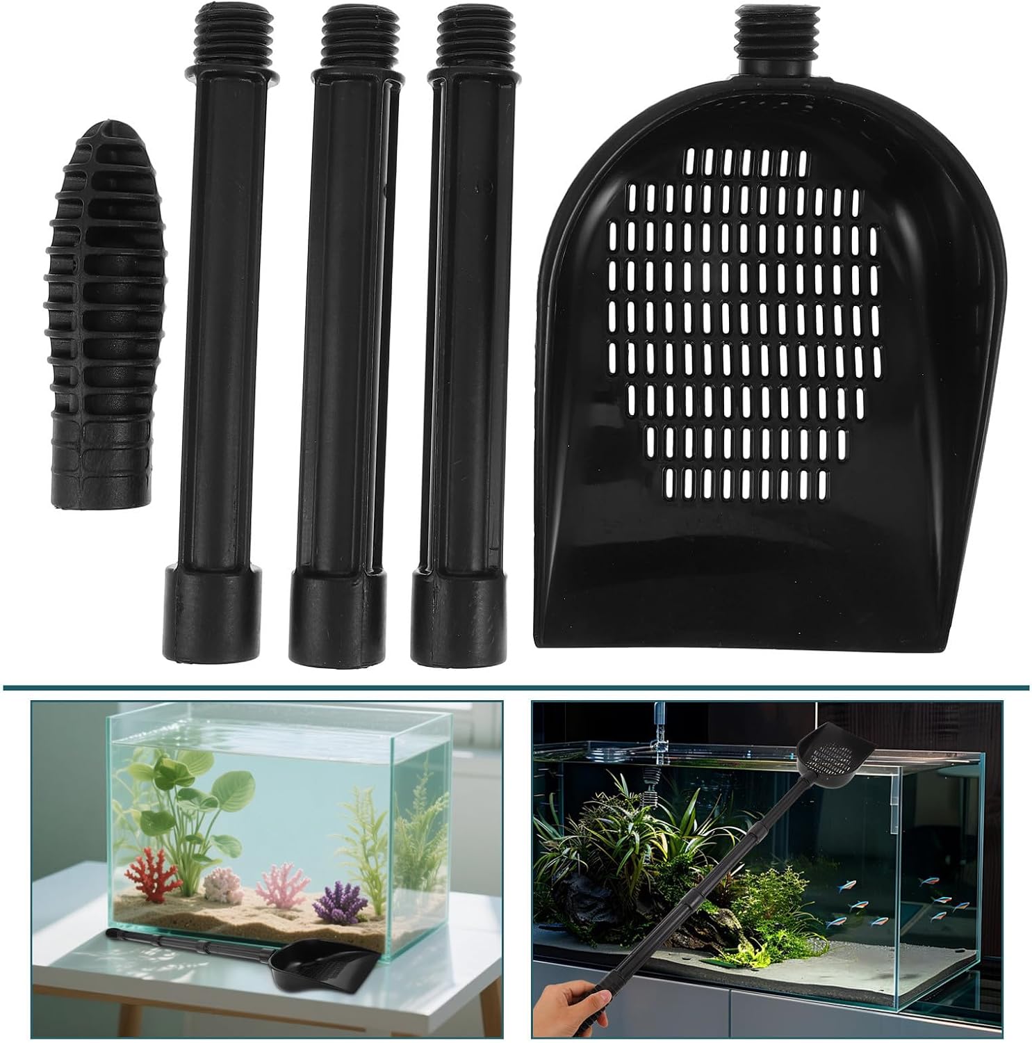 Fish Tank Sand Scoop Shovel for Aquarium Cleaning with Detachable Extension Handle, PVC Material, Black Color, Multi-Purpose Gravel Sand Tool for Home Aquariums and Large Fish