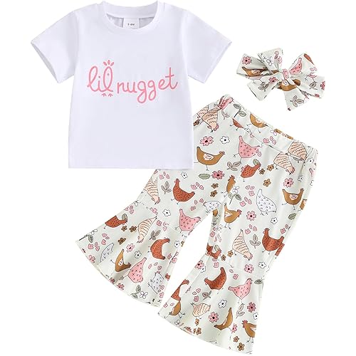 Gueuusu Toddler Baby Girl Farm Outfit Local Egg Dealer Chicken T Shirt Chick Bell Bottom Pants Headband Set Farm Baby Clothes