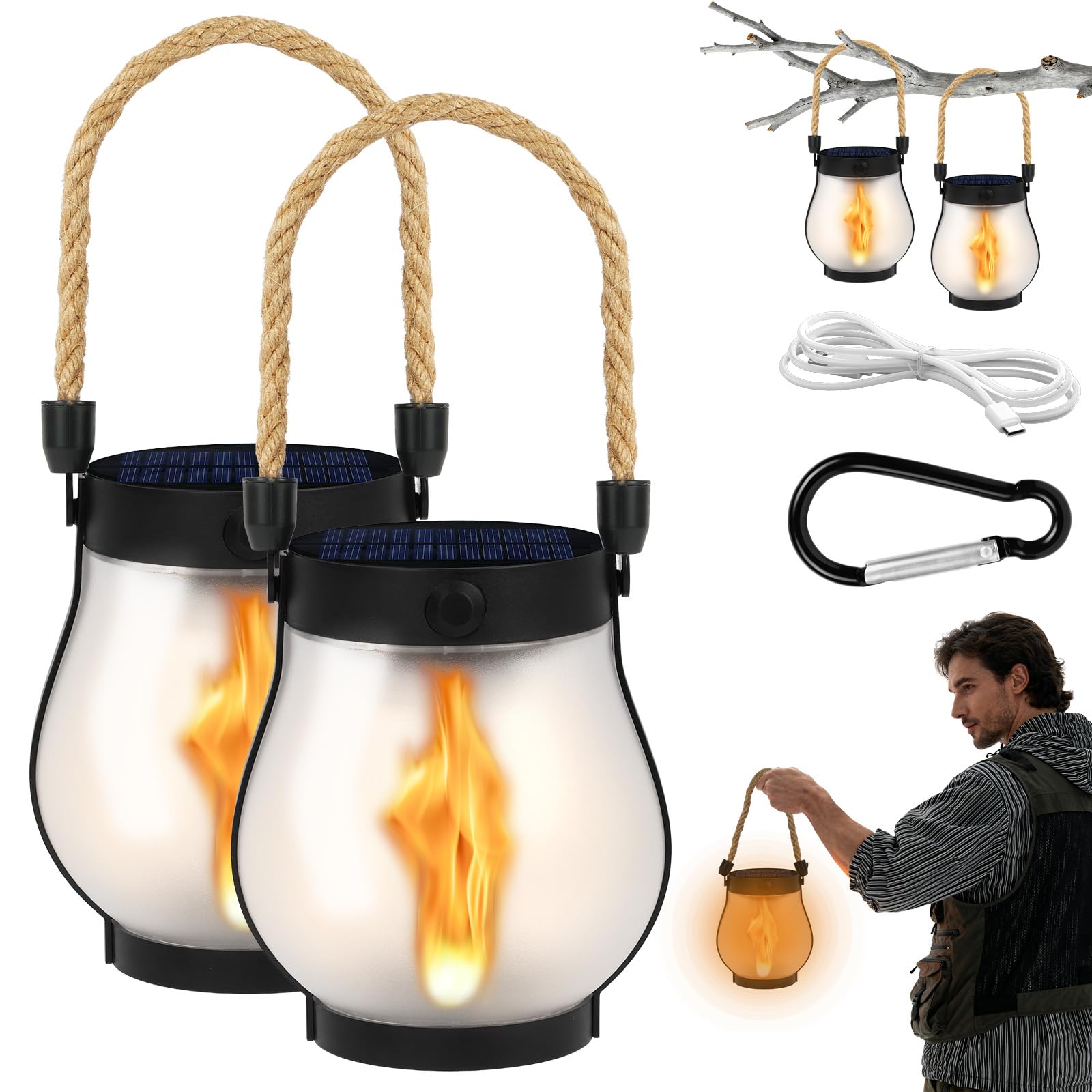Farolillos Solares llama Exterior, Exterior Retro con Efecto Llama Luces de Camping para Patio/Césped/Pasillo/Jardín/Terraza/Balcón/Porche/Camping, Lámpara Decorativa 2pcs