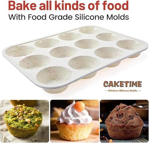 Miniatura 8 de CAKETIME Molde de silicona para magdalenas, marco reforzado de metal, 12 tazas, tamaño regular, fácil de mover dentro o fuera del horno,