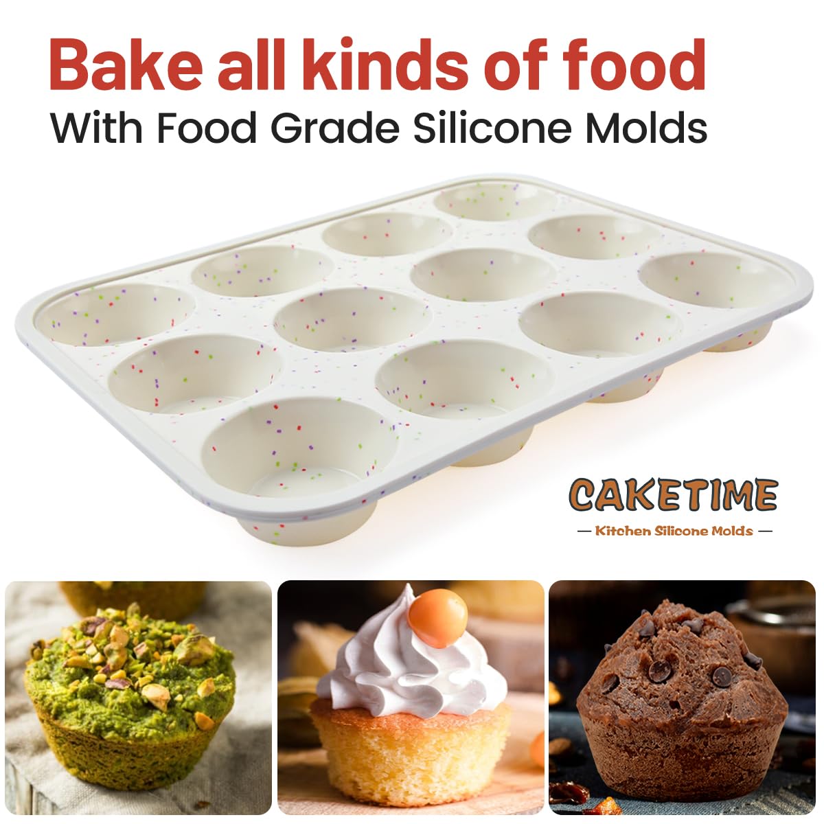 CAKETIME Silikon-Muffinform, metallverstärkter Rahmen, Cupcake-Form, 12 Tassen, normale Größe, leicht zu bewegen in oder aus dem Ofen, antihaftbeschichtet (2)