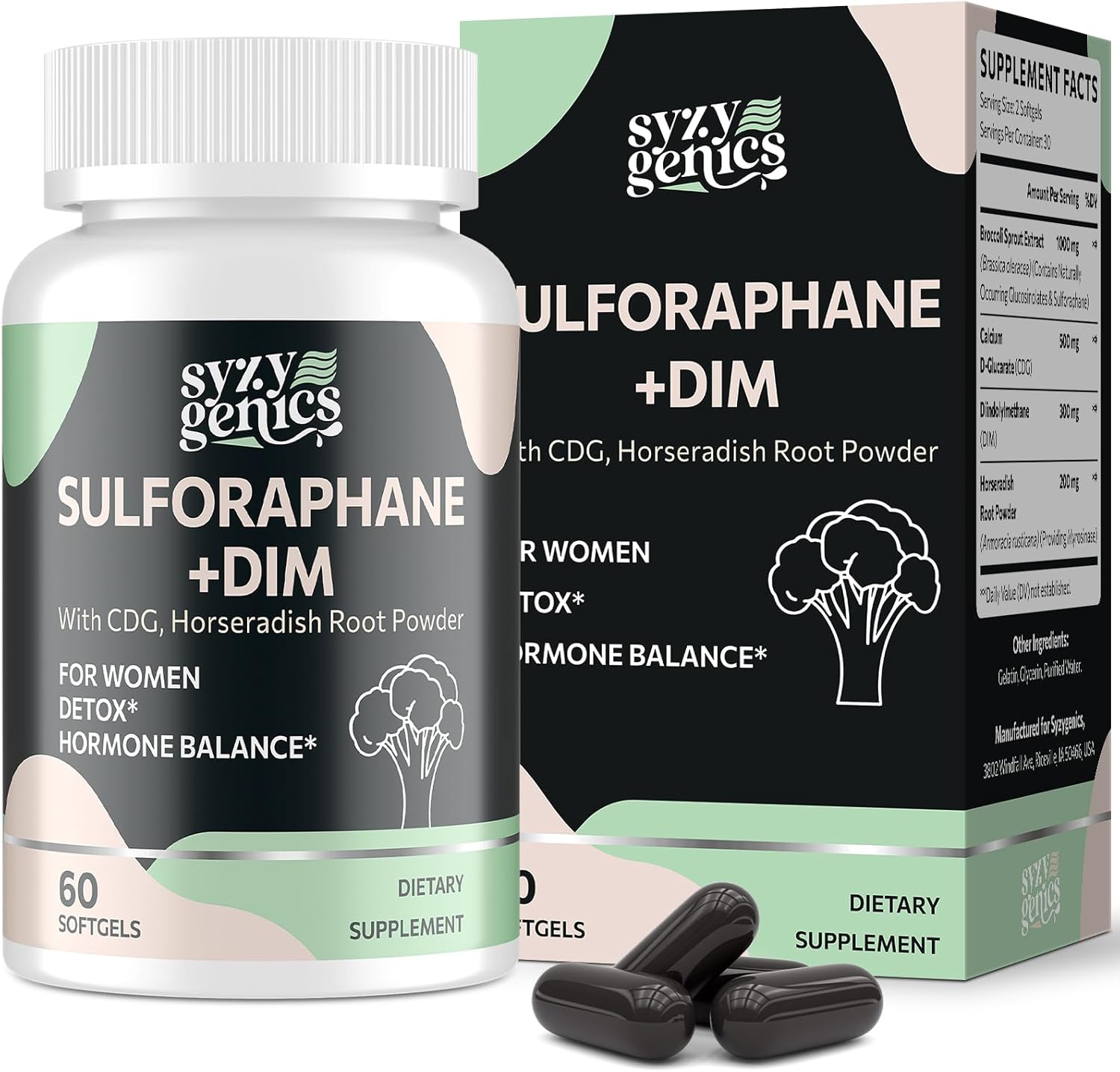 Sulforaphane Supplement from Broccoli Sprouts, DIM and CDG Triple Blend, Natural Enzyme Myrosinase for High Sulforaphane, Broccoli Supplement for Detox, Antioxidant and Balance, 60 Vegan Softgels