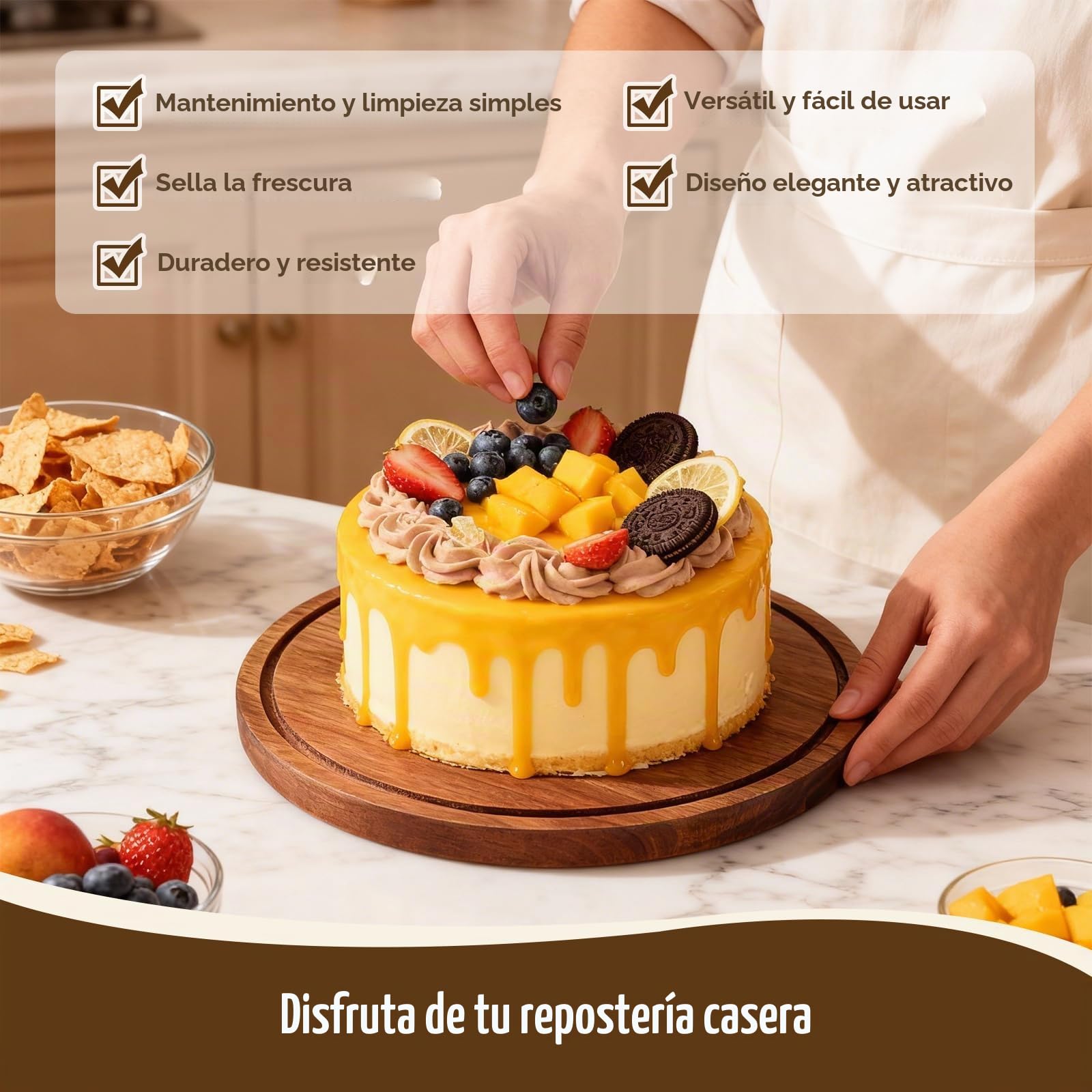 Buachois Soporte para Pastel con Tapa de Madera, Ø 30 cm / 12 Pulgadas Pastel Tapa, 2 en 1 Mesa de Pantallas de Charcutería de Redondo de Exhibición de Postres con Cúpula de Acrílico para Bandeja
