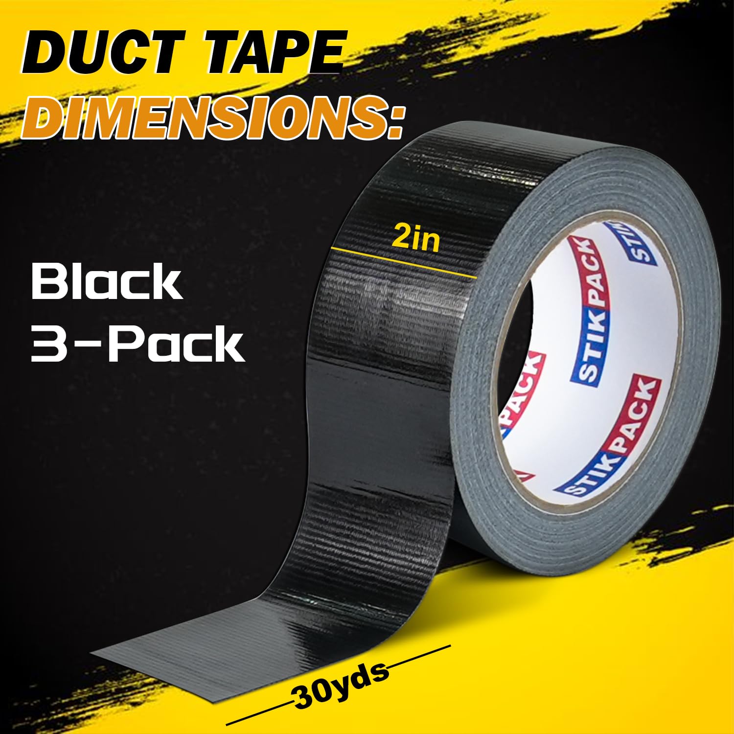 Black Duct Tape Heavy Duty, 2 Inches x 30 Yards 3 Pack, 8.27 mil, Strong Industrial Strength, Flexible, No Residue, Waterproof and Tear by Hand, Multi-Use for Indoor & Outdoor Repairs