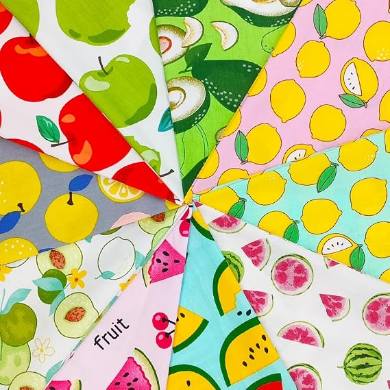 Fat Quarters Fabric Bundles, 10 Pcs 100% Cotton 19.69 x 19.69 (50cmx50cm) Precut Quilting Fabric Squares Sheets for DIY Patchwork Sewing Quilting Crafting, No Repeat Design (Fruit Pattern)