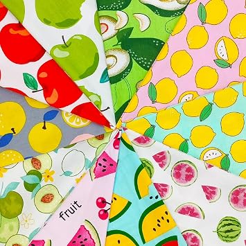 Fat Quarters Fabric Bundles, 10 Pcs 100% Cotton 19.69 x 19.69 (50cmx50cm) Precut Quilting Fabric Squares Sheets for DIY Patchwork Sewing Quilting Crafting, No Repeat Design (Fruit Pattern)