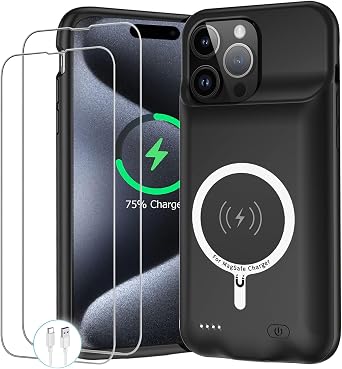 حافظة بطارية لهاتف iPhone 15 Pro، حافظة شحن واقية محمولة بسعة 10000 مللي أمبير مع شحن لاسلكي متوافقة مع حافظة شاحن حزمة البطارية الممتدة لهاتف iPhone 15 Pro مقاس 6.1 بوصة مع Carplay باللون الأسود