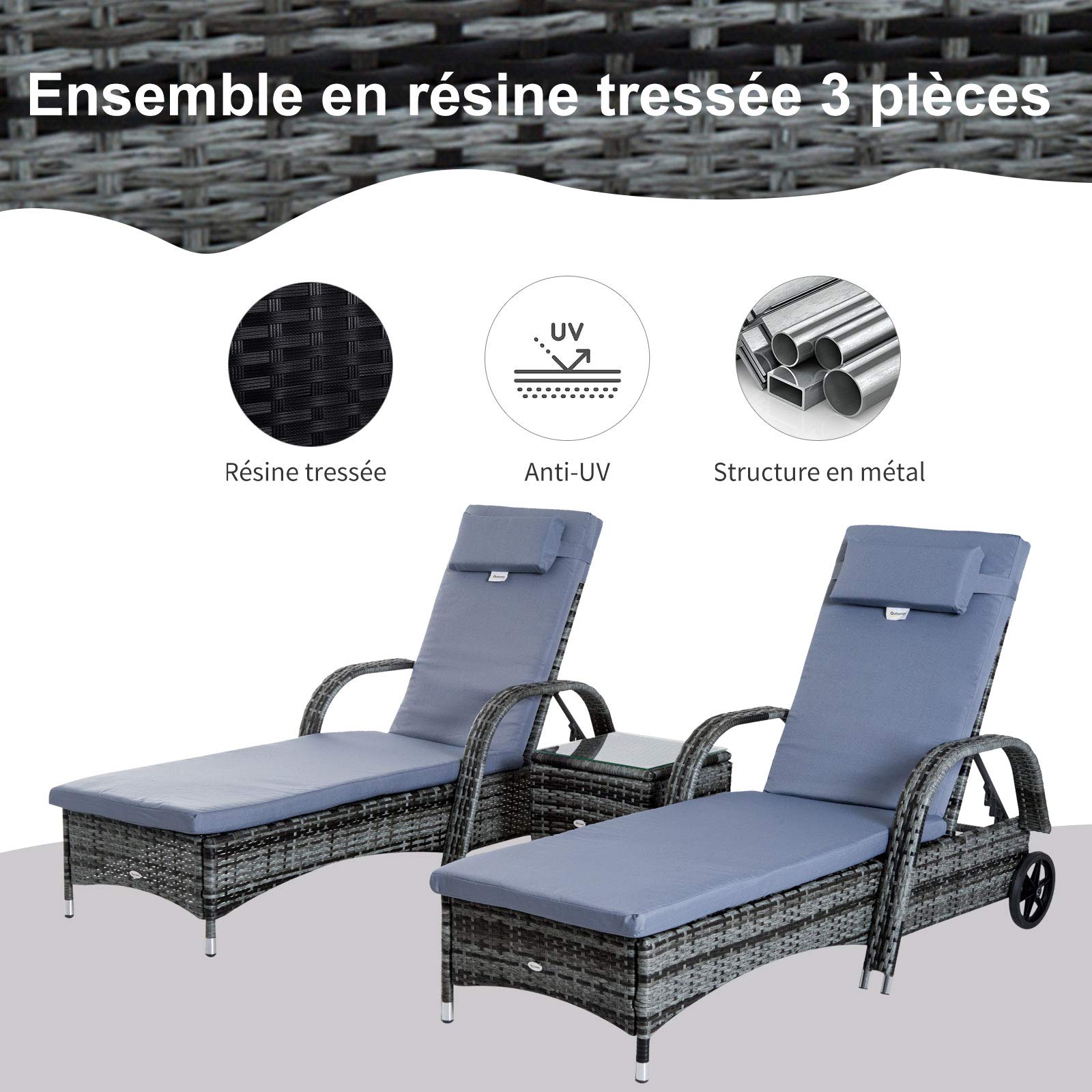 Outsunny Lot de 2 Transats Bains de Soleil Grand Confort : Matelas Gris