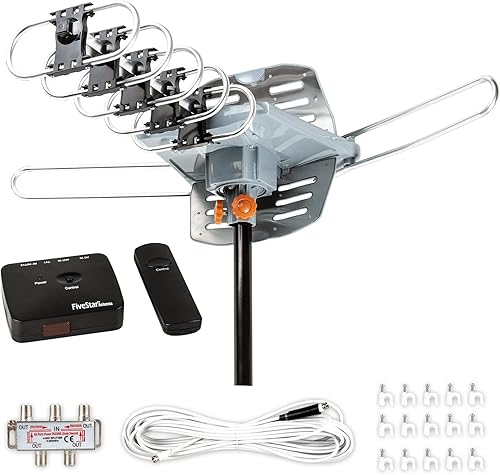 Five Star Antena HDTV para exteriores de hasta 150 millas de alcance con rotación motorizada de 360 grados, radio UHFVHFFM con control remoto,