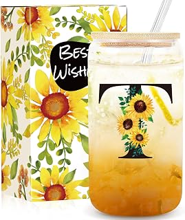 Birthday Gifts for Women, Initial Glass Cups w Lids and Straws, Sunflower Gift for Women, Personalized Gift, 16oz Glass Tumbler Cups W/Straw Lid, Monogrammed Birthday Gifts for Her Mom - T