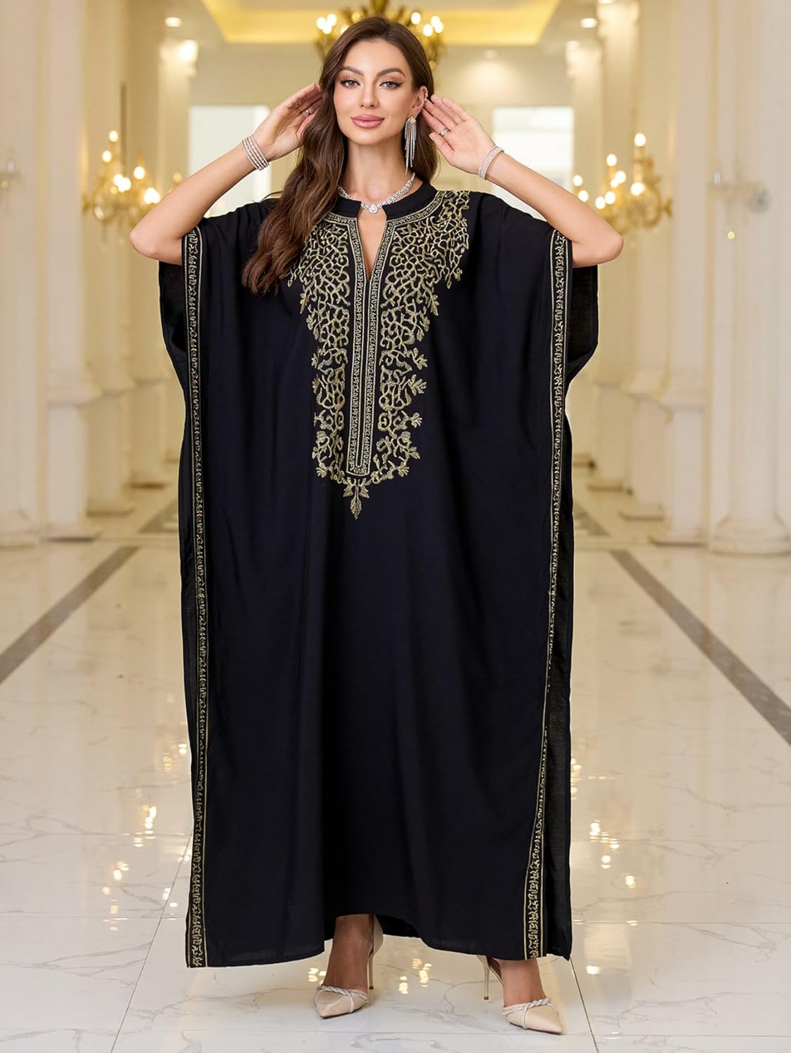 Women Golden Floral Embroidery V Neck Kaftan Loose Oversized Casual Beach Cover Up Long Caftans Bathing Suit Maxi Dress Black - Image 4
