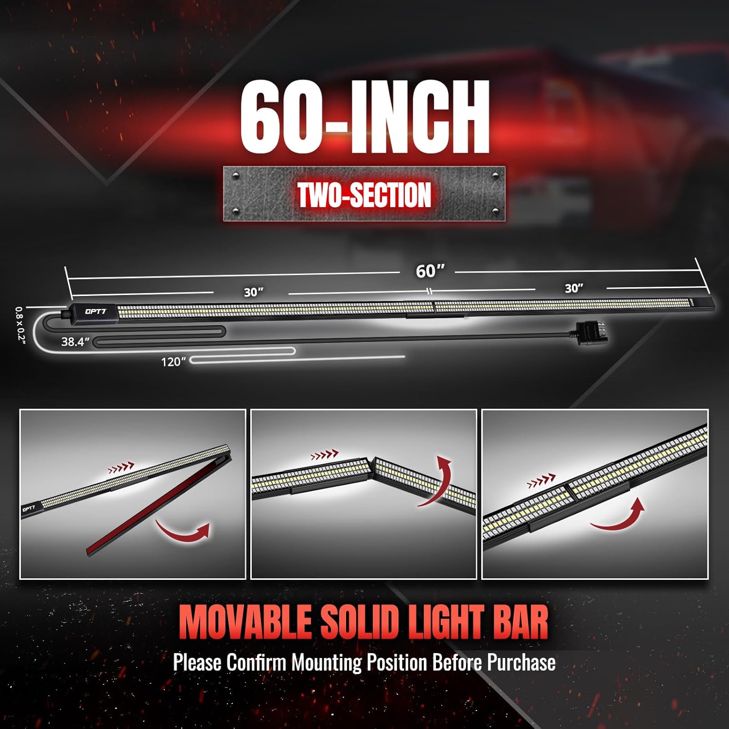 OPT7 Redline Parlux 60" Aluminum Truck Tailgate Light Bar w/Sequential Red Turn - Rigid 2-Section Triple Row LED Strip, Dynamic Taillight w/Ignition Sequence, Triple-Flash White Reverse, Red Running