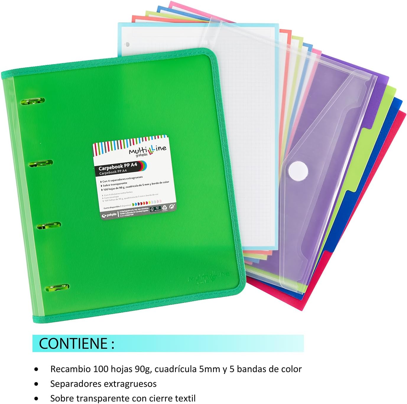 Grafoplás 88100020. Folder 4 Rings with Refill and Separators, A4, Green, Striped Polypropylene, Multiline Folder