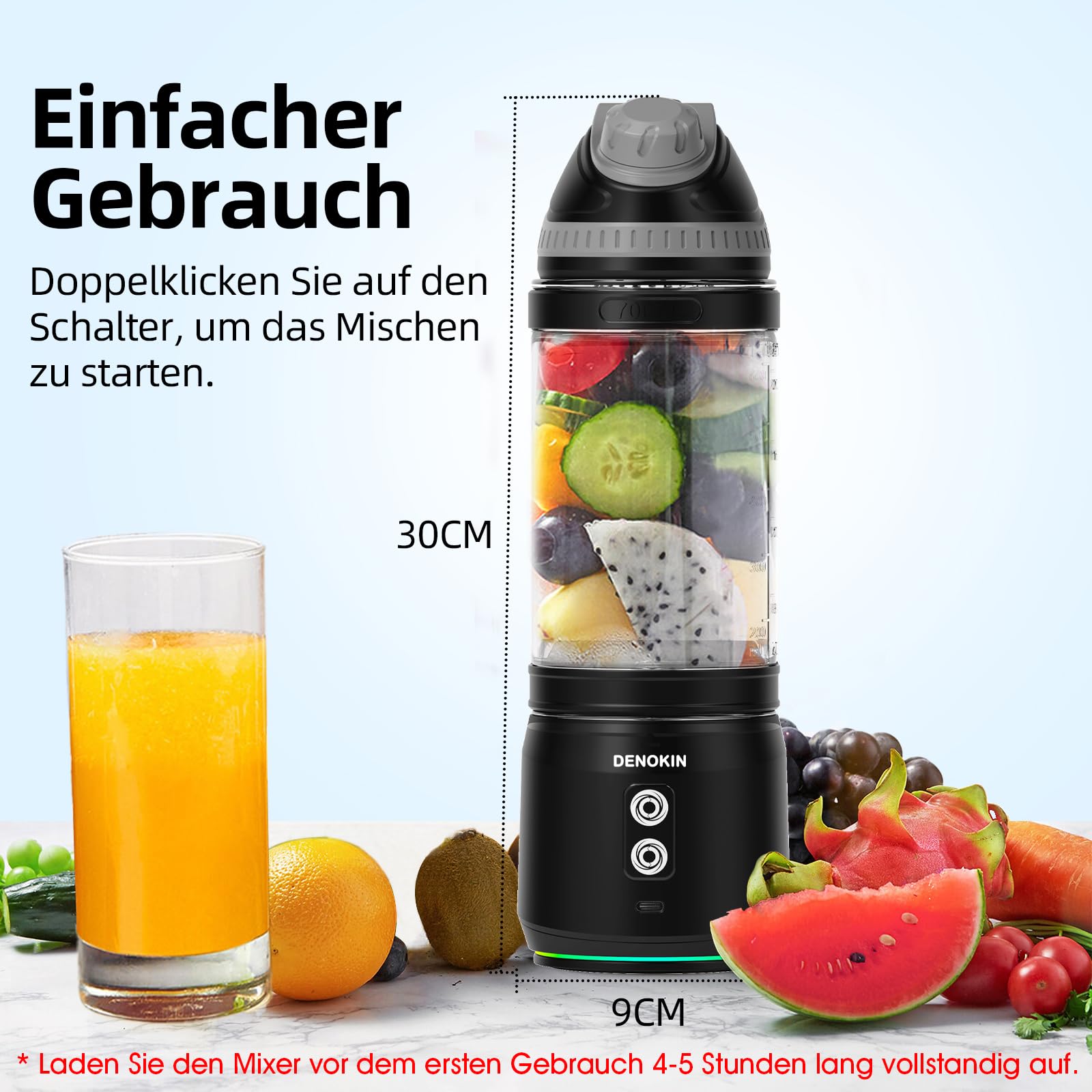 DENOKIN Tragbarer Mixer, 700ml Smoothie Maker to Go, Mini-Standmixer mit 6-Klingen Edelstahl, Wiederaufladbarem Typ-C Portable Blender mit Reisedeckel, BPA-freie, Blade-Reversal-Technologie