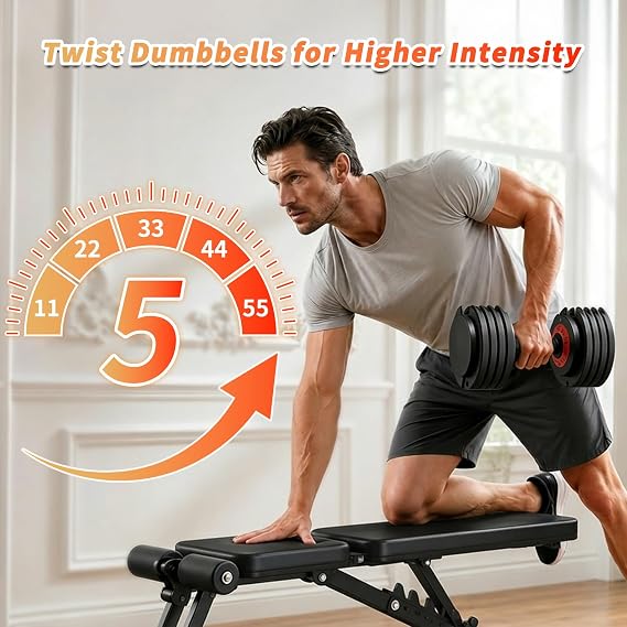 SKOK 25/55 lbs Pair Adjustable Dumbbells Set, Adjustable Weights Dumbbells Set for Men and Women with Anti-Slip Fast Adjust Weight by Turning Handle Dumbbell with Tray