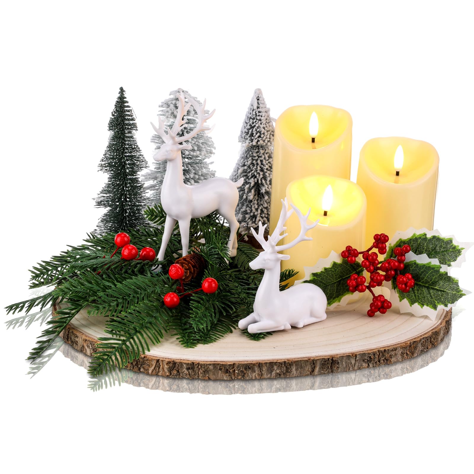 Lot de 14 tranches de bois de Noël pour tables - Décoration à faire soi-même - Dalles de bois naturel de 30,5 à 33 cm - Bougies - Branche de baies rouges - Mini arbres de Noël, rennes et