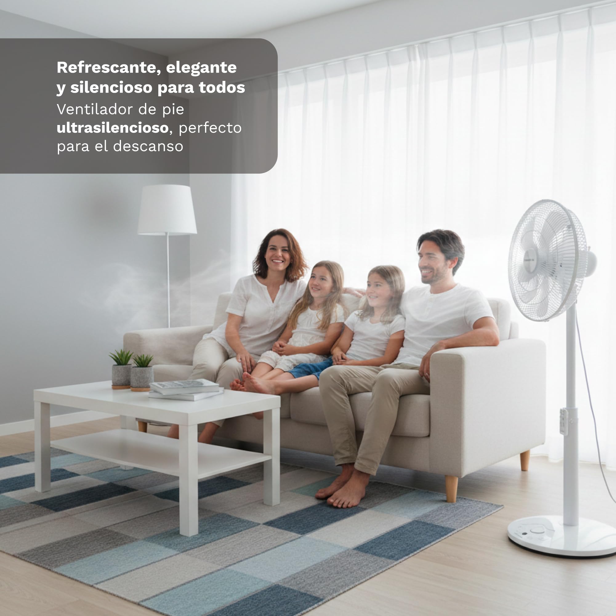 Grunkel Ventilador de Pie Ultrasilencioso PS de 36cm 14” | 12 Velocidades | 7 Aspas | Oscilación 100° | Temporizador 12h | Mando a Distancia | 30W (Blanco control cabezal)