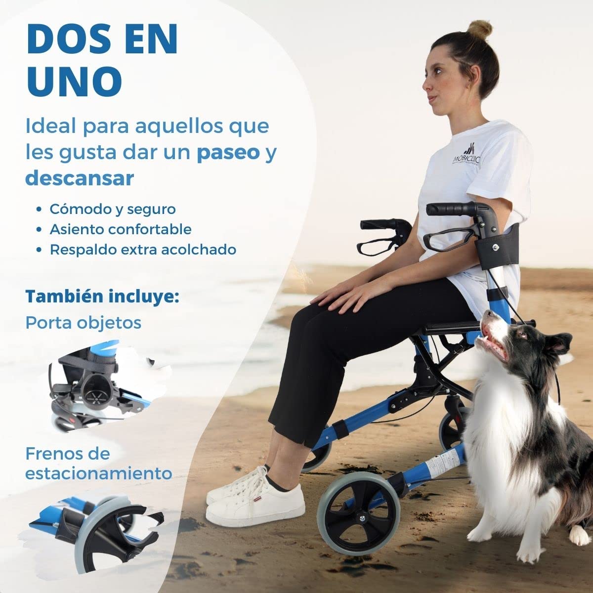 Mobiclinic®, Andador Plegable, Ligero, con Asiento y Respaldo, Rollator, Trajano, 4 Ruedas, Con Freno, Bolsa de Almacenamiento, Aluminio, Celeste